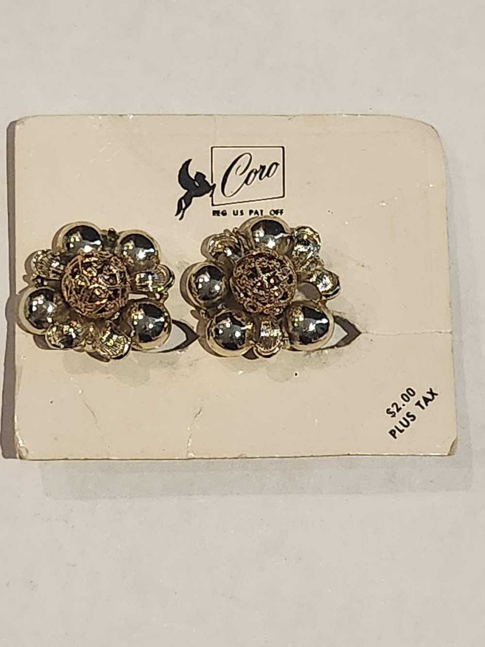 RARE VTG Coro Cluster Earrings Goldtone Center Filigree Dome Silvertone Spheres